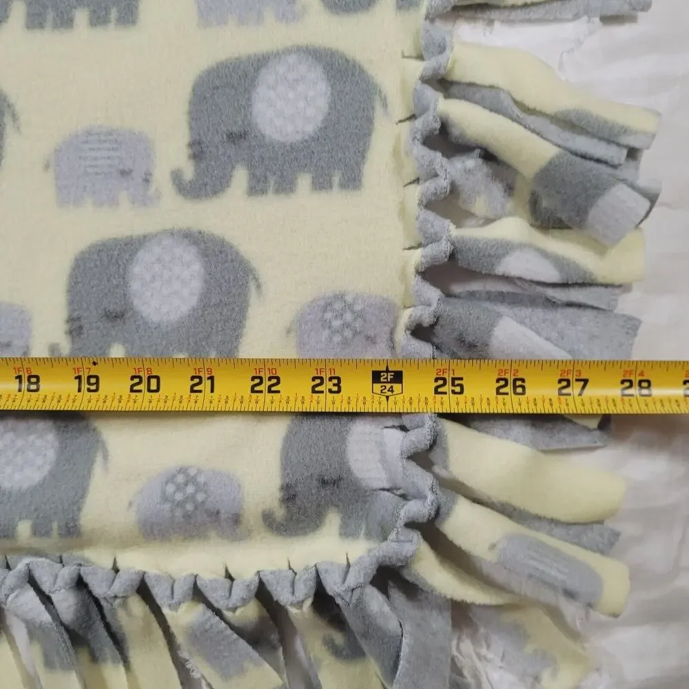 Elephant Baby Blanket Yellow No Sew Tie Knot Fringe Handmade Reversible